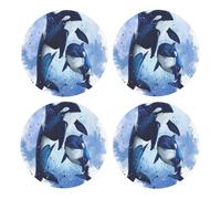 Watercolor Two Killer Whales,Round MDF Cork Coasters, Mugs Pad, Cups Mat Set of 4 Drinks Coasters
