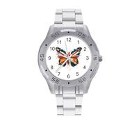 Watercolor Union Jack British England UK Flag Butterfly Men's Business Watch Analog Quartz Stainless Steel Luxury Casual Wrist Watches