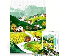 Watercolor Village Landscape with Winding Path 1000 Adult Pieces Jigsaw Puzzle Mind Challenge Toy Neat Cut Perfect Alignment Family Fun Night Activity (50x75cm)