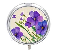 Watercolor Violet Flower Pill Box 3 Compartment Waterproof Pill Container with Mirror Metal Medicine Box Organizer Portable Vitamin Case for Pocket & Purse Travel - Round