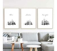 Watercolor Wall Art Prints London New York Paris Black White City Monochrome City Icon Silhouette Cityscape Skyline Canvas Painting Modern Wall Decor 24"X32"X3Pcs Unframed