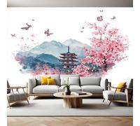 Watercolor Wall Murals for Living Room Japanese Style Cherry Blossoms and Pagoda 3D Print Photo Wallpaper Luxury Design Modern Non-Woven Wall Mural Sofa TV Kids Bedroom Decoration 200 x 140cm
