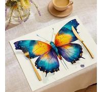 Watercolor Washable Placemats Set of 4, 30×45 cm Blue Butterfly Cotton Linen Rectangular Resistant Placemats for Table, Kitchen, Dining Decoration Blue Orange