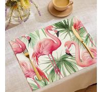 Watercolor Washable Placemats Set of 6, 30×45 cm Flamingo Palm Leaf Cotton Linen Rectangular Resistant Placemats for Table, Kitchen, Dining Decoration Pink Green
