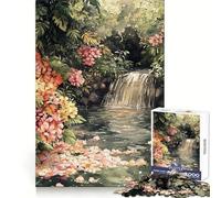 Watercolor Waterfall with Flowers And Foliage Jigsaw Puzzle for Teenagers 1000 Pieces Logical Think Tranquil Escape Seamless Lock Holiday Treat (38x52cm)