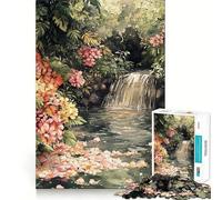 Watercolor Waterfall with Flowers And Foliage Jigsaw Puzzles for Adults 1000 Mind Boost Game Uniform Size Precise Pieces Travel-friendly Brain Game Gift (38x52cm)