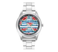 Watercolor Watermelon on Blue Stripes Quartz Watch Alloy Watch Dress Decorative for Business Men Women with Design Pattern Print