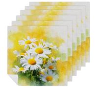 Watercolor White Daisy on Yellow Cloth Napkins Set of 6, Square Premium Reusable Washable Polyester Table Linen Napkin for Dinner Party