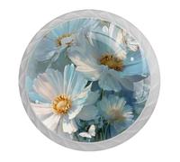 Watercolor White Flowers Florals 4 PCS Cabinet Knobs, Round Crystal Glass Decoration ABS Material Kitchen Hardware, Furniture Drawer Knobs Cupboard Single Hole Pull Handles