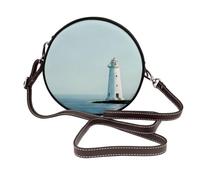 Watercolor White Lighthouse On The Coast Women Round Crossbody Bags Leather Sling Bag Purse