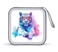 Watercolor White Tiger Glasses CD Case 40 Capacity Plastic DVD Storage Box Sleeves Zippered Wallet