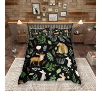 Watercolor Wild Animal Bedding Set Single Size,Deer Bear and Rabbit Print Duvet Cover for Kids Boys Bedroom Decor,White Flowers Green Leaves Plant Polyester Quilt Cover 1 Pillowcases,2 Pieces
