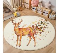Watercolor Wild Animals Round Area Rug 100cm, Washable Non-Slip Indoor Decor Orange Color Circle Rug, Soft Non-Shed Lightweight Deer Butterfly Print Carpet, for Bedroom Nursery Playroom Entryway