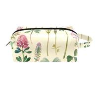 Watercolor Wild Flowers Meadow on Pastel Yellow Background Women Cosmetic Bag Beauty Bag, Portable Hanging Travel Toiletry Bag, Leather Make Up Pouch Kids Pencil Case
