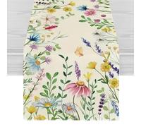 Watercolor Wildflower Table Runner, Spring Summer Antique Herb Floral Table Runner, Farmhouse Linen Burlap Decor for Kitchen Dining Garden Party, 13x72 Inch