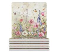 Watercolor Wildflowers Butterflies Coasters Square Ceramic Tiles for Crafts with Cork Base Tabletop Protection Home Decor 6PCS