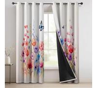 Watercolor Wildflowers Butterflies Printed 100% Blackout Curtains For Bedroom & Living Room 46 X 72 In (2 Panels) - Thermal Insulated Energy Saving Eyelet Curtains, Noise Reducing Multicolorful