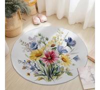 Watercolor Wildflowers Rugs Round 150 cm Living Room Modern Non-Slip Area Rug, Round Machine Washable Floor Carpet, Low Pile Soft Circle Rug for Bedroom Kids Room Decor, Colorful