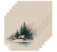 Watercolor Winter Ski Cabin Dark Green Pines Cloth Napkins Set of 6, Square Premium Reusable Washable Polyester Table Linen Napkin for Dinner Party