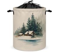 Watercolor Winter Ski Cabin Dark Green Pines Laundry Basket Laundry Hamper Round Collapsible Drawstring Clothes Hamper for Bedroom Bathroom