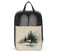 Watercolor Winter Ski Cabin Dark Green Pines Shoe Bag for Travel Daily Use Anti-dust Storage Carrier Golf Shoe Pouch
