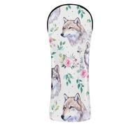 Watercolor Wolf Floral Golf Head Covers for Driver Wood Hybrid PU Leather Golf Club Headcover with Interchangeable Tags for Women Men