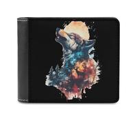 Watercolor Wolf Howling Sunset Forests Deers Men's Leather Wallet Bifold Purse Card Holder Slim Money Clip Single-Sided Print