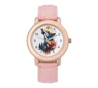 Watercolor Wolf Howling Sunset Forests Deers Women’s Watch Quartz Wristwatch Analog with Leather Strap for Office
