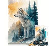 Watercolor Wolf in Forest Landscape 1000 Piece Adult Puzzles Logic Puzzle Play Precision Cut Smooth Edges for Family Gatherings (38x26cm)