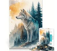 Watercolor Wolf in Forest Landscape Adults Puzzles 1000 Piece Jigsaws Recall Skill Fun High Precision Die Cut Easy to Learn Family Enjoyment (50x75cm)