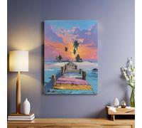 Watercolor wooden bridge Canvas Wall Art Sunset Sea View Framed 60 x 40 cm Contemporary Print Poster Modern Artwork Ready to Hang for Corridor Hallway Flat