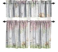 Watercolor Woodland Animals Valance Curtain, Spring Cartoon Wild Animal Kids Cute Rustic Forest Rod Pocket Window Valance, for Bedroom Living Room Cafe Kitchen 54''x18''+27''x36''x2（3 Piece）