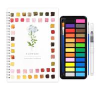 Watercolor Workbook with Paints, 12 Different Patterns Flowers Water Coloring Book with 24 Colors Watercolor Paint Set and Brush for Beginners Adults Teens