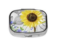 Watercolor Yellow Sunflowers Blue Flowers,Meta Pill Box 2 Compartment Medicine Case,Portable Organizer,Rectangle Meta Portable Organizer Pill Box 2065 Compartment Medicine Case