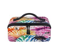 Watercolor Zebra Travel Makeup Bag Portable Colorful Cute Zebra Waterproof Pouch Open Flat Toiletry Bags Toiletries Cosmetics Traveling Organizer for Women Men