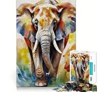 WatercolorPainted Elephant Adults 1000 Pieces Puzzle Mental Fun Game Advanced Laser Cutting Tech Amusing Challenge for Waiting Time (38x26cm)