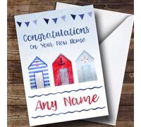 Watercolour Beach Hut New Home Personalised Card - Congratulations On Your New Home Card, Good Luck In Your New Home