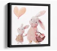 Watercolour bunny rabbits, mother & child Canvas Floater Frame Square Print Picture Art - Black Frame 30 inch wide x 30 inch high