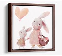Watercolour bunny rabbits, mother & child Canvas Floater Frame Square Print Picture Art - Walnut Frame 16 inch wide x 16 inch high