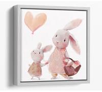 Watercolour bunny rabbits, mother & child Canvas Floater Frame Square Print Picture Art - White Frame 20 inch wide x 20 inch high