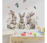 Watercolour Bunny Wall Decals, Nursery Wall Stickers with Flowers and Leaves, 50 x 35 cm