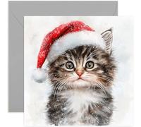 Watercolour Cat Themed Christmas Card - Merry Christmas Cards for Cat Owners - Cute Kitten in Santa Hat Design - Luxury Xmas Cards for Family and Friends - Men and Women