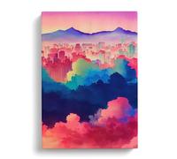 Watercolour City Skyline Clouds No.2 Pink, Brown, Blue Canvas Print for Living Room Bedroom Home Office Décor, Wall Art Picture Ready to Hang, 30x20 Inch (76x50 cm)