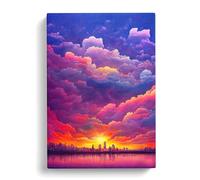 Watercolour City Skyline Clouds No.4 Purple, Blue, Orange Canvas Print for Living Room Bedroom Home Office Décor, Wall Art Picture Ready to Hang, 30x20 Inch (76x50 cm)