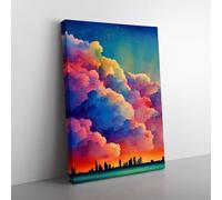 Watercolour City Skyline Clouds No.5 Blue, Purple, Teal Canvas Wall Art Print Ready to Hang, Framed Picture for Living Room Bedroom Home Office Décor, 76x50 cm (30x20 Inch)