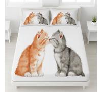 Watercolour Cute Fitted Sheet - Romantic Pet Strong & Long-Lasting Printed Fabric Kittens Hearts Nose Touching Fitted Bed Sheets Single 25 cm Deep Fit for Single Mattress