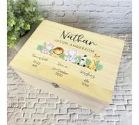 Watercolour Cute Safari Animals New Baby Personalised Wooden Memory Keepsake Box - Custom Wood Memory Keepsake Storage Gift Box - New Baby Wooden Keepsake Boxes - Quality Keepsake Wood Box With Lid