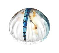 Watercolour Dragonfly Shower Caps for Women Reusable Waterproof Shower Cap with Elastic Strap Bath Hair Hat Double Layers Thick Bath Caps for Spa Salon Travel