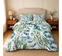 Watercolour Eucalyptus Coverless Duvet Double 4.5 Tog, Modern Reversible Machine Washable Quilt, Teal green Lightweight Set 200x200 cm with 2 Pillowcases, Soft Comfortable Duvet for Adults U170