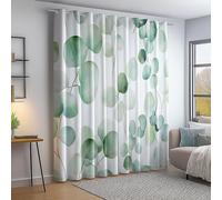 Watercolour Fantasy Eucalyptus Leaves Lines Print Pencil Pleat Blackout Curtains 66x90 Inch 2 Panels, Light Green White Soft Thermal Insulated Drapes for Master Bedroom, Living Room & Guest Room